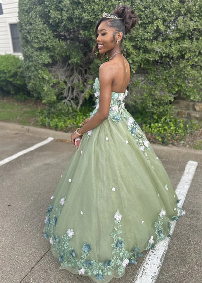 Retro Green Sweetheart Applique Sweet 16 Quinceanera A-Line Tulle Floor-length Prom Dress Birthday Dress Evening Dress Ball Gown TP4408