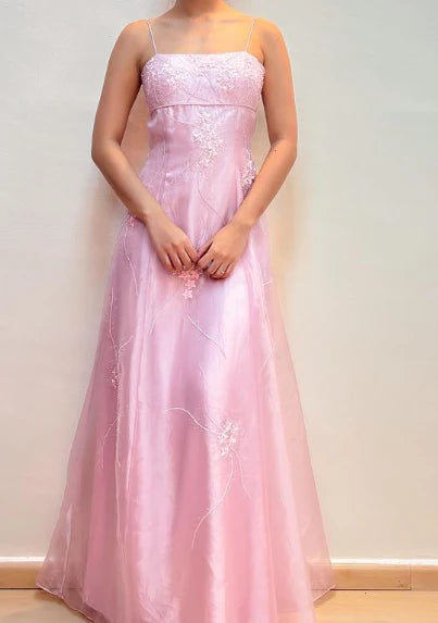Vintage Pink A-Line Embroidery Prom Dress Long Chiffon Evening Dress Spaghetti Strap Formal Dress TP4575