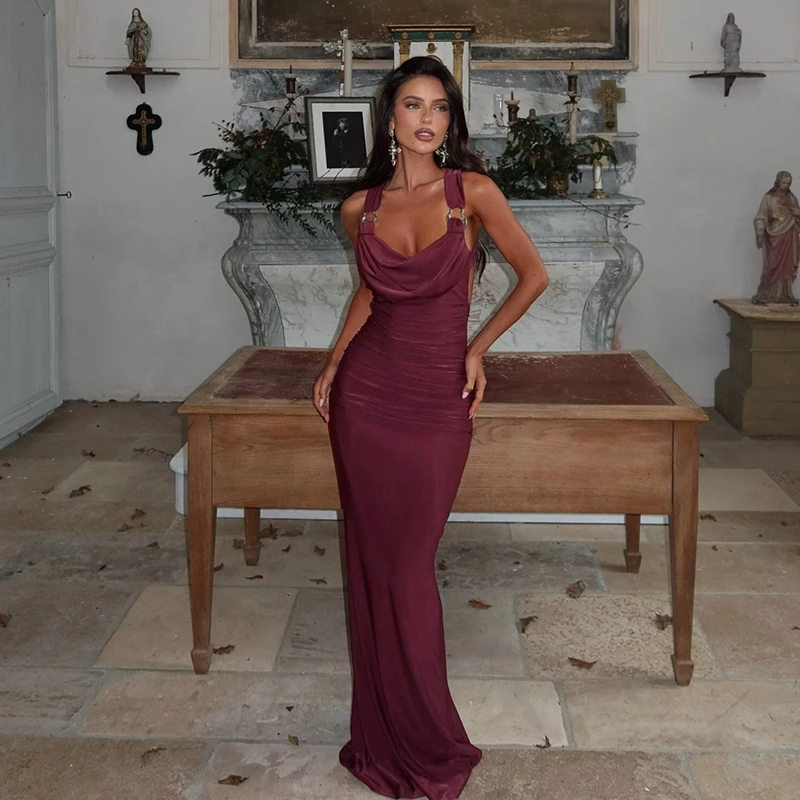 Simple Vintage Spaghetti Strap Sexy High-waist Slit Dress TP2893