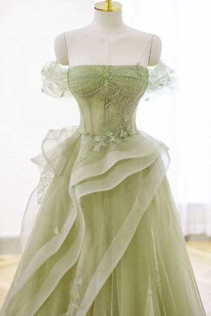 Glamorous Sage Green Off-the-Shoulder Ball Gown with Corset Bodice and Tiered Tulle Skirt TP5759
