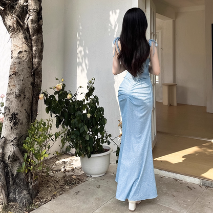Vintage Shiny Light Blue Spaghetti Strap Mermaid Long Summer Dresses Prom Dress Evening Dress TP4359