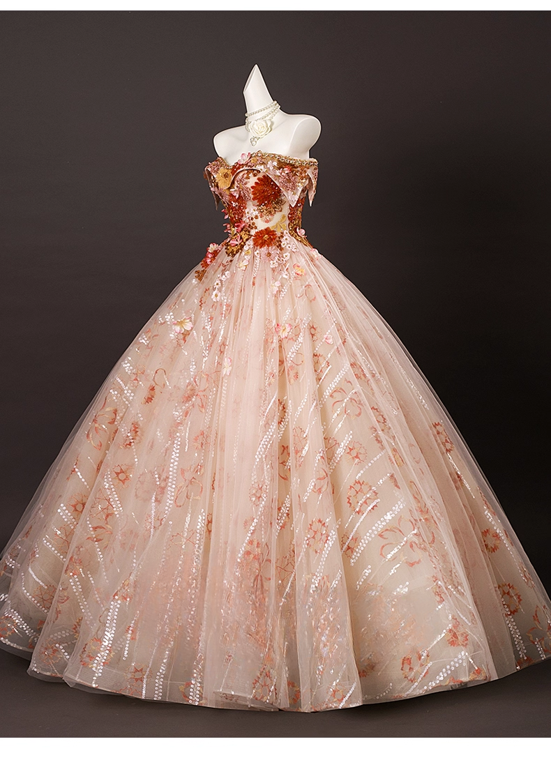 Glamorous Floral Sequin Beaded Tulle Off-the-shoulder Sweetheart A-Line Quinceanera Ball Gown TP5195