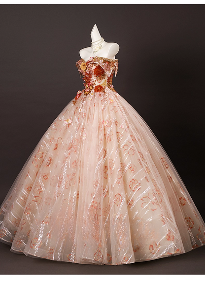 Glamorous Floral Sequin Beaded Tulle Off-the-shoulder Sweetheart A-Line Quinceanera Ball Gown TP5195