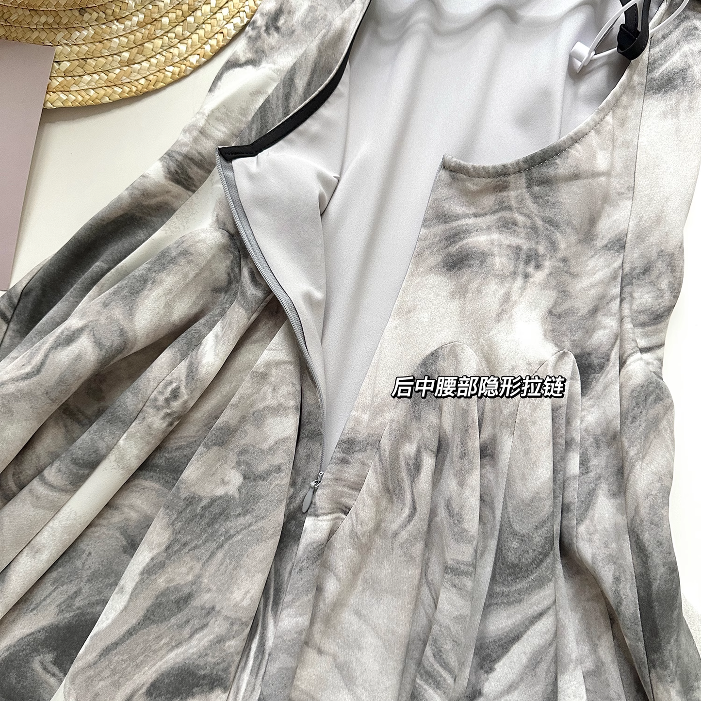 Simple Floral Ink-wash Pattern Design A-line Sleeveless Spaghetti Strap Dress TP3287