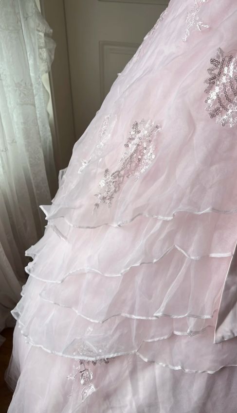 Vintage Pink Strapless Tiered Bow Sparkly Lace  Sweet 15 Quinceanera Ball Gown TP5756