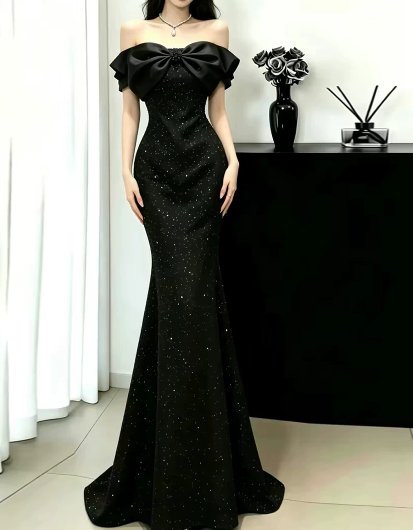 Glamorous Off-the-Shoulder Bow Glitter Mermaid Floor Length Prom Dress TP5873