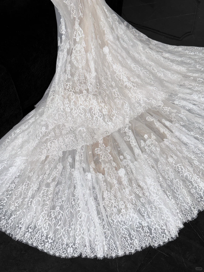 Elegant White Mermaid Off-Shoulder Lace Embroidery Long-Sleeve Wedding Dress TP5389