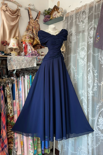 Vintage Navy Blue Off-the-Shoulder Embroidery A-Line Evening Gown TP5857