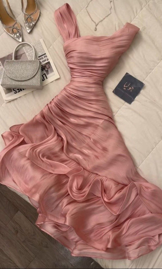 Pink Asymmetric Ruched Mermaid Evening Dress – Satin Ruffled Formal Gown TP5072