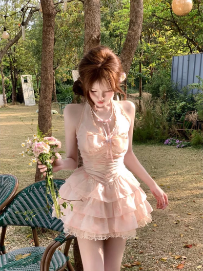 Vintage Pink A-Line Halter-neck Tiered Homecoming Dress Party Dress Cocktail Dress TP4721