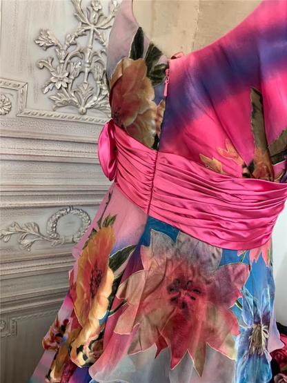 Luxury Multicolor Floral Print Evening Gown Tiered Chiffon Prom Dress TP5678