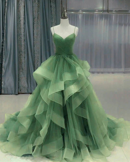 Elegant Sage Green Spaghetti Strap Sweet 16 Quinceanera A-Line Tulle Floor-length Prom Dress Birthday Dress Evening Dress Ball Gown TP4543