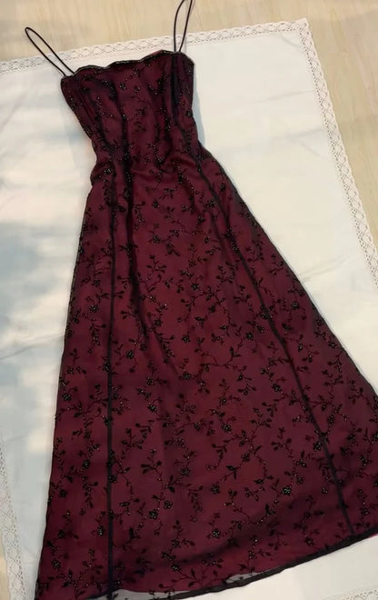 Vintage Burgundy Beaded Prom Dress Long Embroidery Evening Dress A-Line Spaghetti Strap Formal Dress TP4587