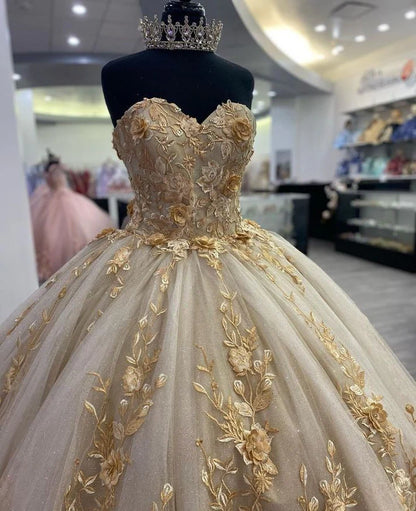 Gorgeous Champagne Sweetheart Applique Sweet 16 Quinceanera A-Line Floor-length Prom Dress Birthday Dress Evening Dress Ball Gown TP4414