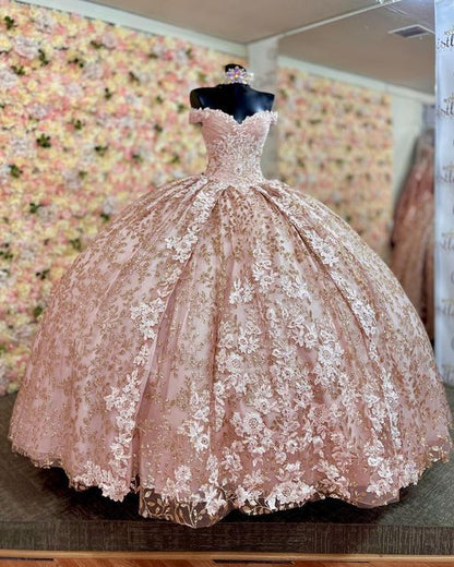 Elegant Pink Sweetheart Applique Sequin Sweet 16 Quinceanera A-Line Tulle Floor-length Prom Dress Birthday Dress Evening Dress Ball Gown TP4403