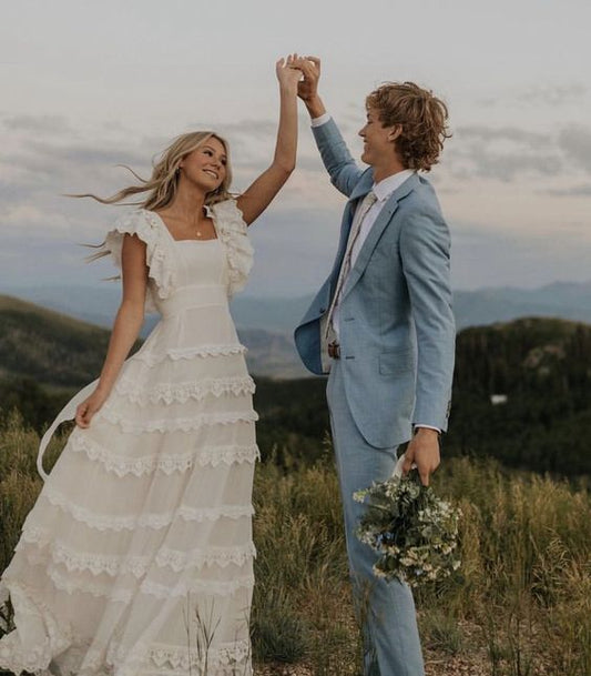 Gorgeous White Lace Square-neck A-Line Tiered Wedding Dress Prom Dress Evening Dress TP4592
