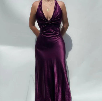 Vintage Satin V-neck Prom Dress Long Evening Dress Sheath Backless Formal Dress TP4590
