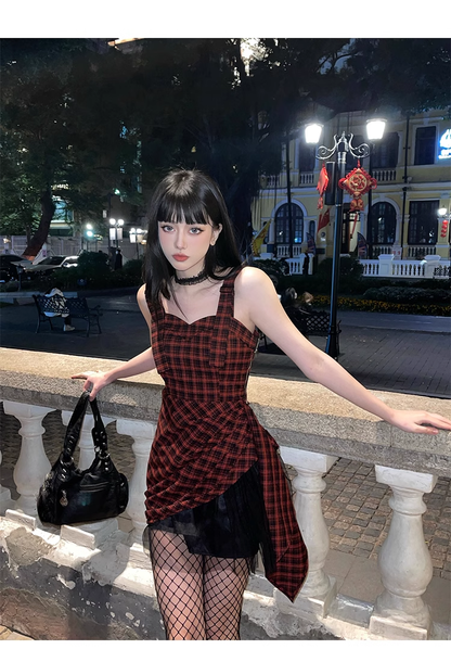 New Fashion Design Sense Red & Black Plaid Spaghetti Strap Dress TP2922
