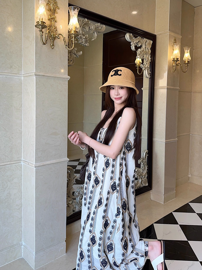 New Fashion Floral Loose-fitting Design Beach Holiday A-line Spaghetti Strap Dress TP3374