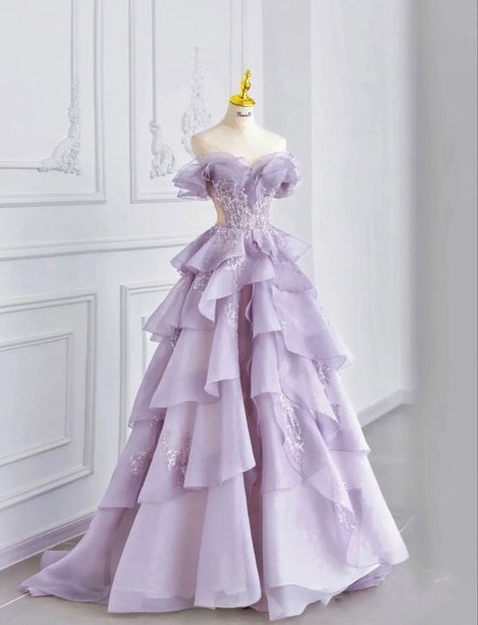 Glamorous Lavender Off-the-Shoulder Tiered Tulle Ball Gown with Beaded Bodice TP5760