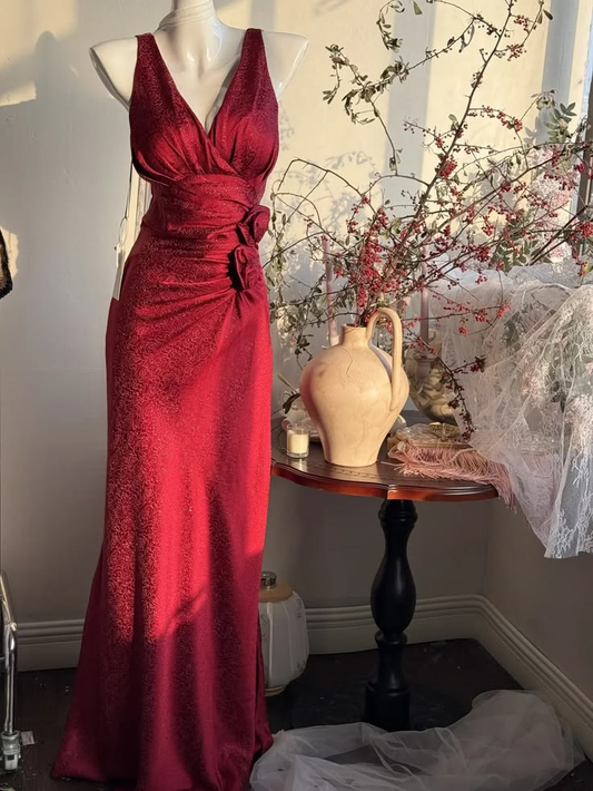 Vintage Burgundy V-Neck Sleeveless Mermaid Ruched Waist Floral Prom Dress TP5848