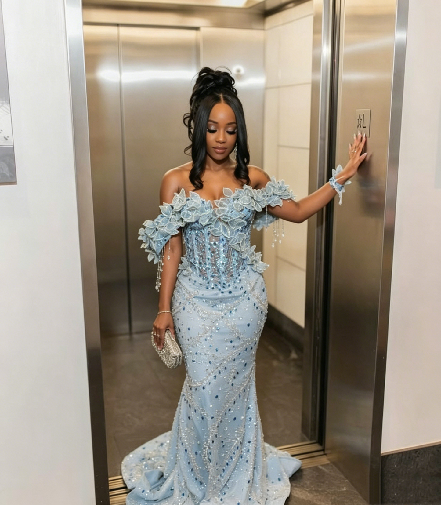 Gorgeous Light Blue Off-the-Shoulder Mermaid Beaded 3D Floral Prom Dress TP5811