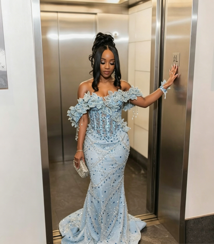Gorgeous Light Blue Off-the-Shoulder Mermaid Beaded 3D Floral Prom Dress TP5811