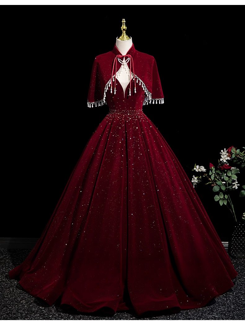 Elegant Burgundy Sequin Tulle Prom Dress A-Line V-neck Spaghetti Strap Shawl Long Evening Gown TP5212