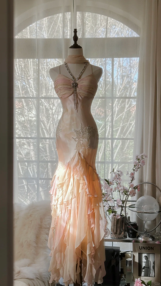 Vintage Mermaid Beaded Floral Design Romantic Chiffon Evening Dress Prom Dress TP4014