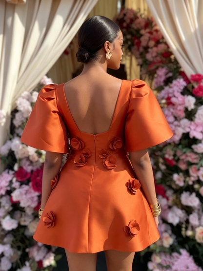 Romantic Orange Satin 3D Floral Puff Sleeve Bodycon Homecoming Dress TP5955