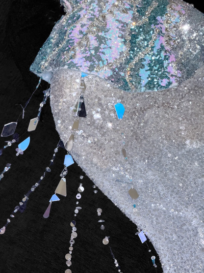 Gorgeous Sparkling Blue Sequin Beaded Mermaid Elegant Chiffon Evening Dress Prom Dresses TP4154