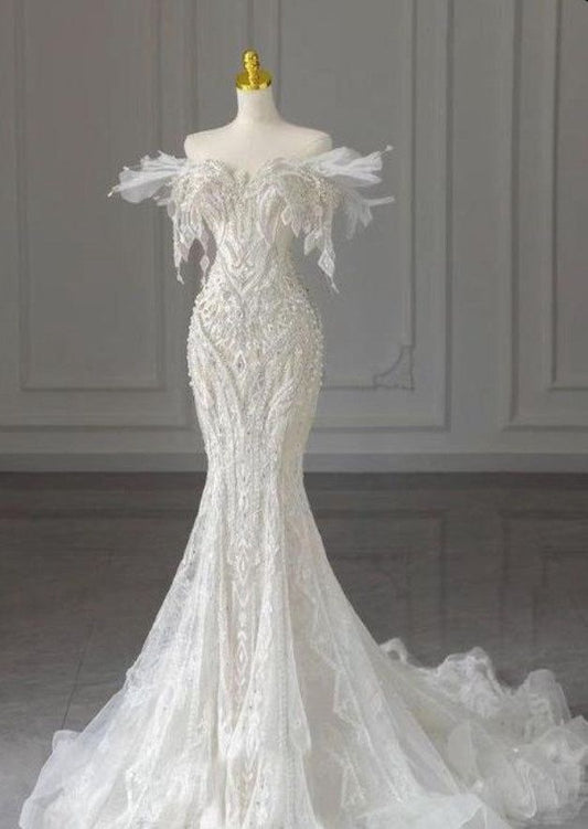 Gorgeous Off-Shoulder Feather Mermaid Beaded Lace Tulle Wedding Dress TP5418