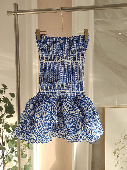 Vintage Dark Blue Pattern Design Strapless Mini Party Dress Homecoming Dress TP4044