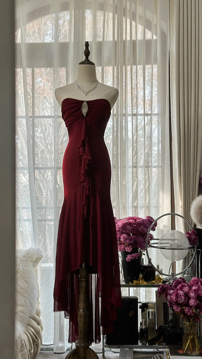 Elegant Burgundy Strapless Gorgeous Beaded Chiffon Evening Dress Prom Dress TP3974