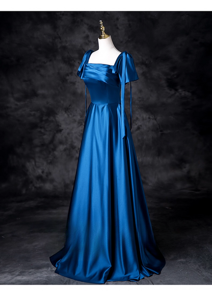Vintage Royal Blue Satin Prom Dress A-Line Evening Gown Short-sleeved Party Dress Long Formal Dress TP5199