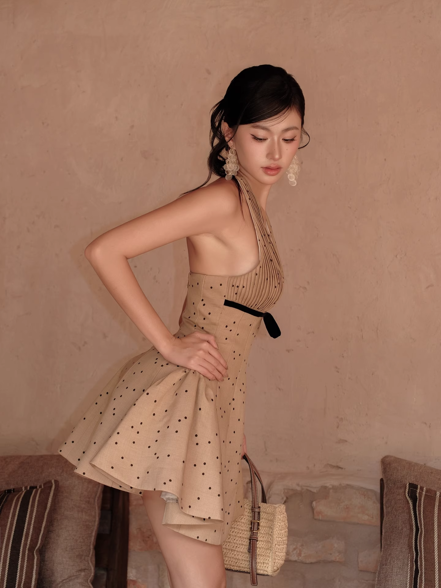 Vintage Khaki Polka Dot A-Line Homecoming Dress Halter-neck Party Dress Short Cocktail Dress T4632