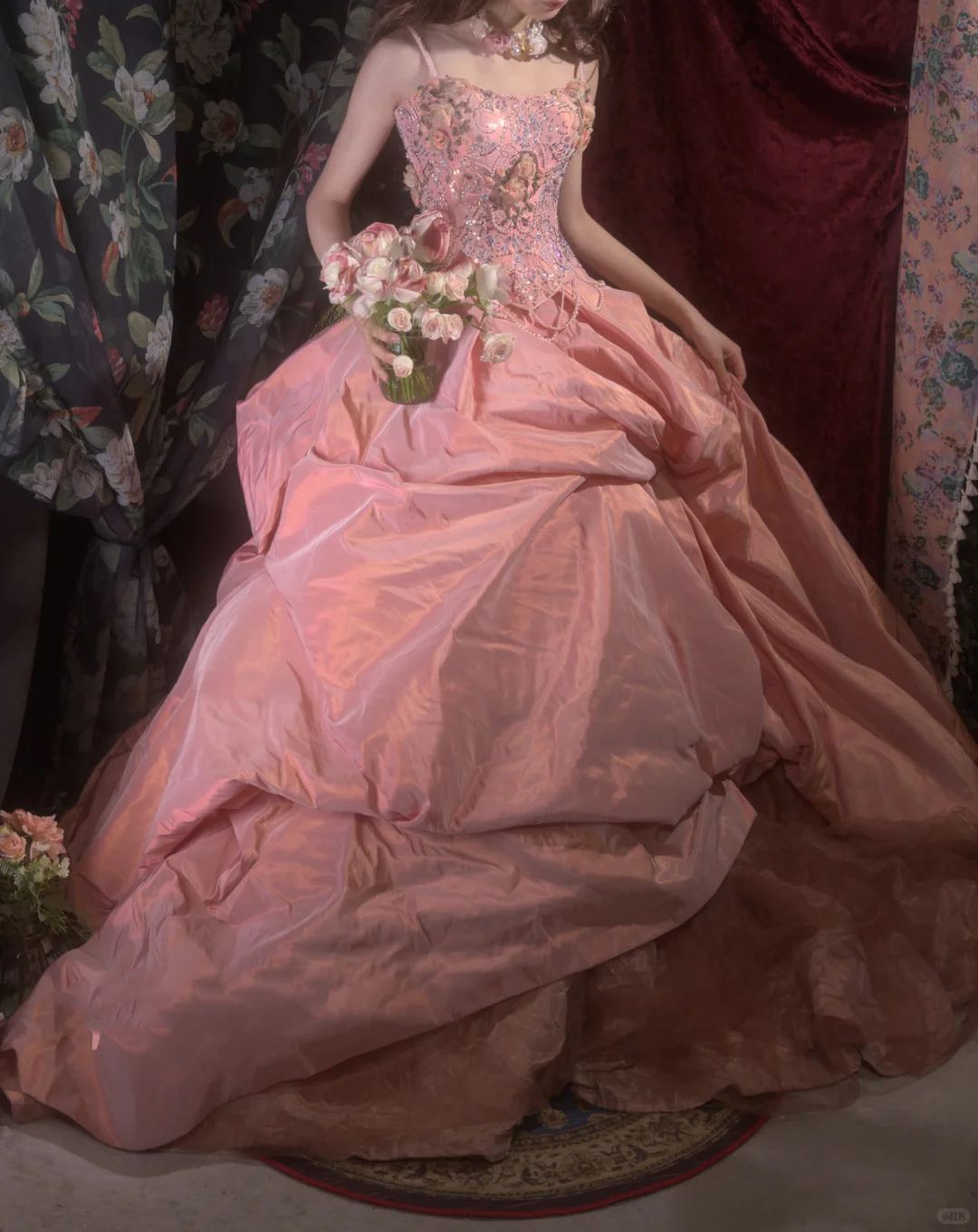 Gorgeous Pink Spaghetti Strap Beaded Floral Ball Gown TP5795