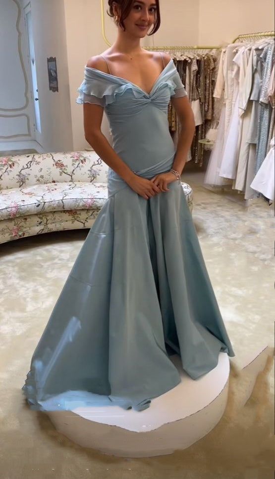 Elegant Light Blue Off-the-Shoulder Ruffled Prom Dress Evening Gown TP5730