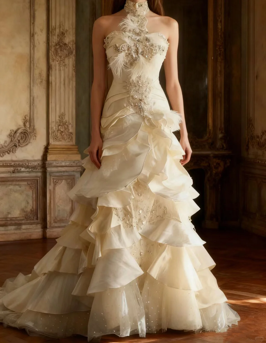 Glamorous Ivory Mermaid Halter-Neck Bridal Gown Feather Sparkle Train Wedding Dress TP5645