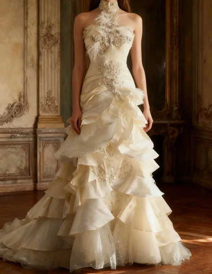 Glamorous Ivory Mermaid Halter-Neck Bridal Gown Feather Sparkle Train Wedding Dress TP5645