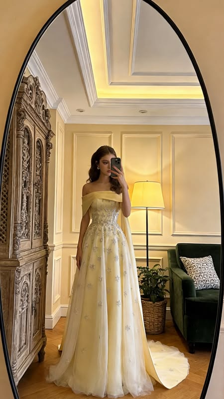 Elegant Yellow Off-the-Shoulder Beaded  Evening Gown TP5733