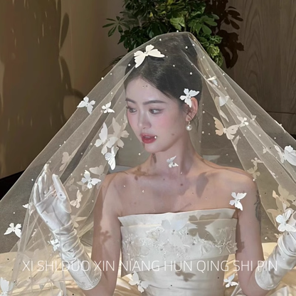 Vintage Elegant White Butterfly Pearl Design Style Long Wedding Veil TP3163