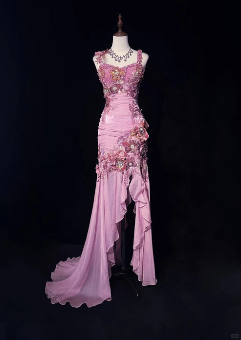 Glamorous Pink Floral Beaded Prom Dress Sheath Slit Evening Gown TP5166
