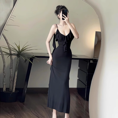 New Simple Fashion Black Brown Slim-fit Spaghetti Strap Dress TP2895