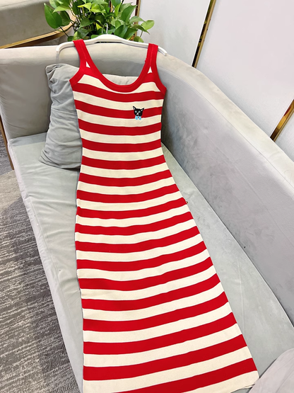 New Fashion Red Streak Casual Sleeveless Spaghetti Strap Dress TP2977