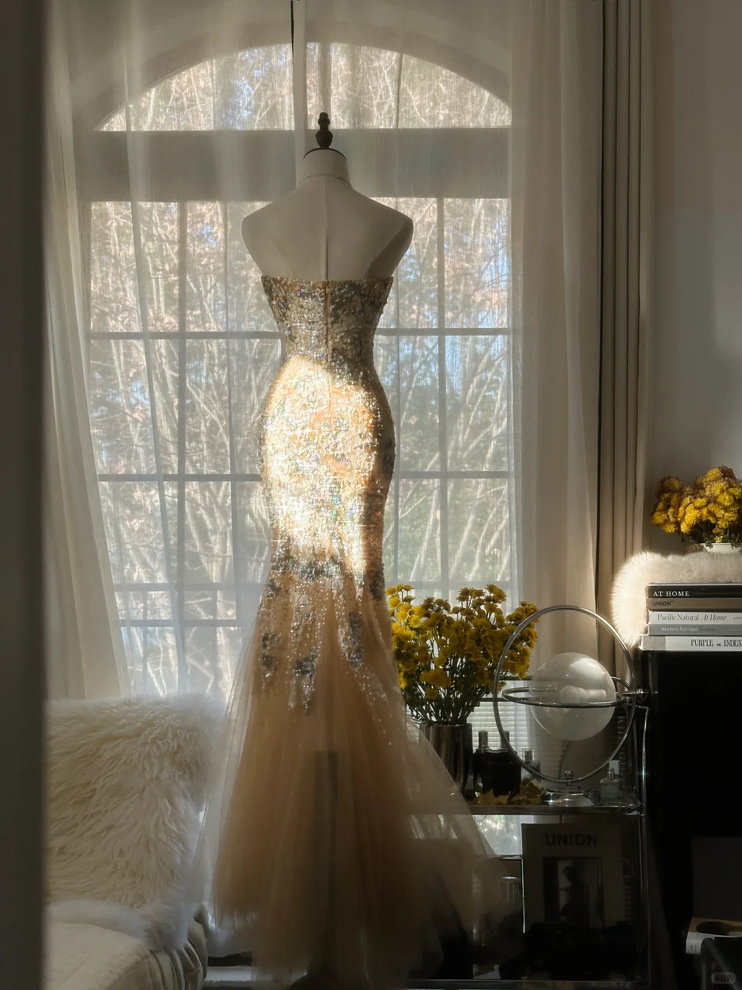 Elegant Mermaid Golden Sparkling Strapless Elegant Beaded Chiffon Evening Dress Prom Dress TP3975