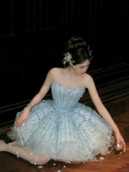 Gorgeous Shiny Light Blue Sequined A-Line Strapless Design Tiered Party Dress Homecoming Dress TP4238