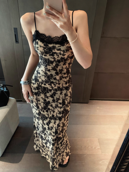 Simple Fashion Beige Floral Design A-line Beach Holiday Spaghetti Strap Dress TP3615
