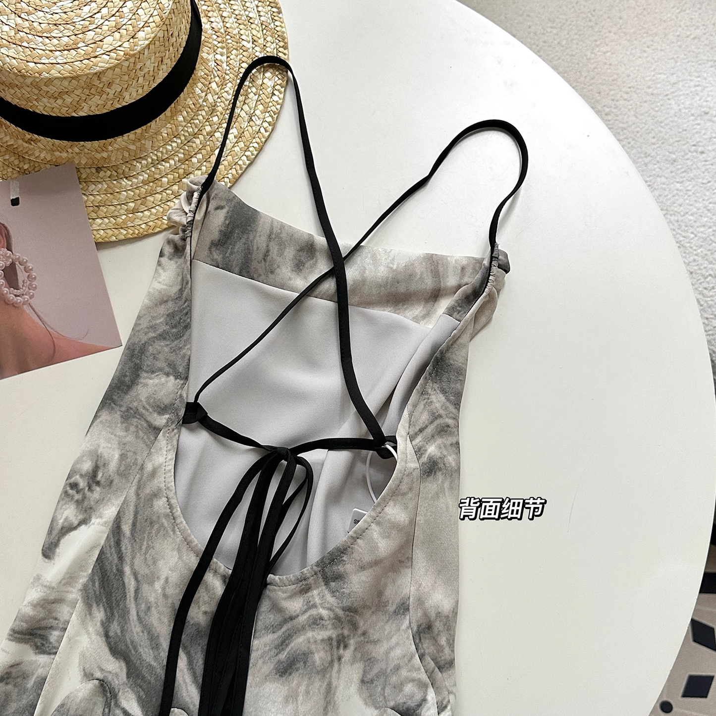 Simple Floral Ink-wash Pattern Design A-line Sleeveless Spaghetti Strap Dress TP3287