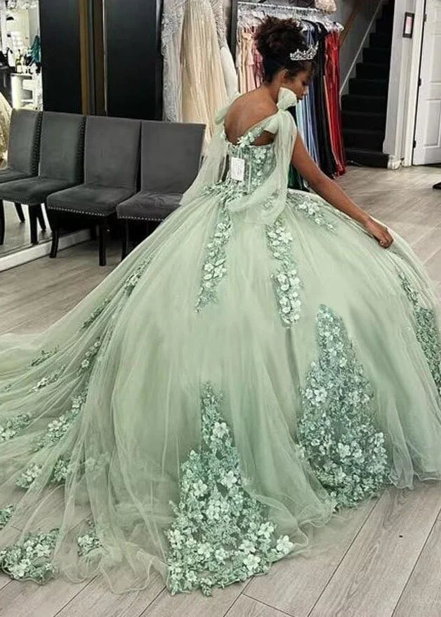 Gorgeous Sage Green Applique Sweetheart Off-the-shoulder Sweet 16 Quinceanera A-Line Floor-length Prom Dress Evening Dress Ball Gown TP4396